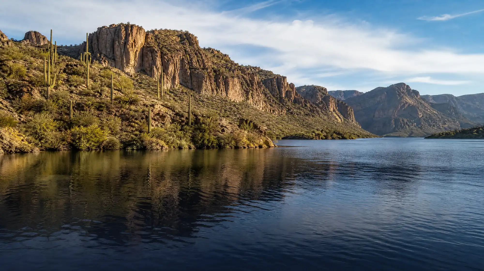 Saguaro Lake is a 1,264-acre reservoir on the Salt River in the Sonoran Desert. It offers boating, kayaking, and hiking in the Tonto National Forest.